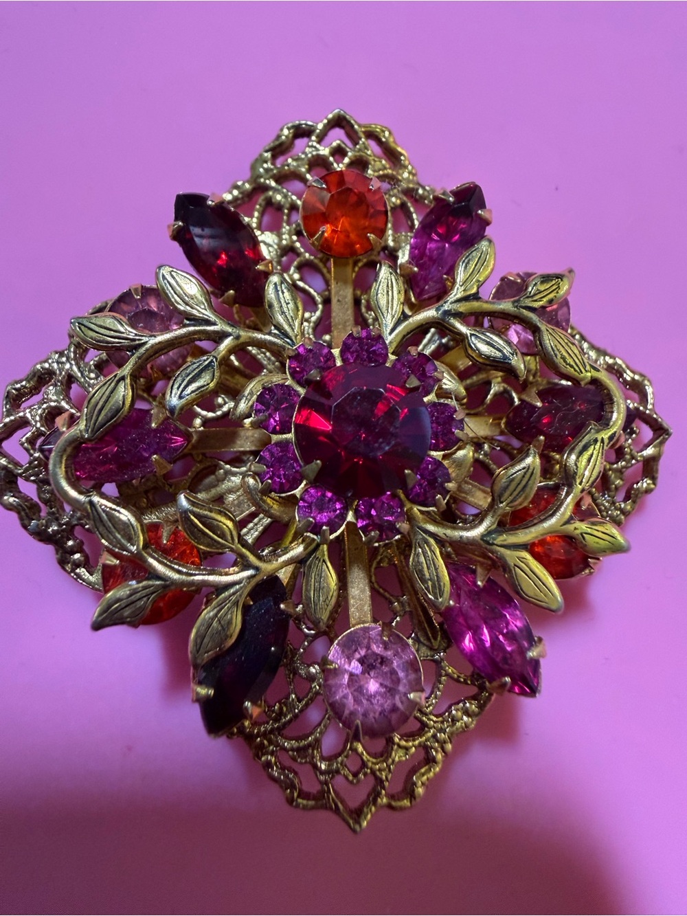Vintage Gold Tone Filigree Flower Brooch Red Pink Rhinestone Layered Floral Pin